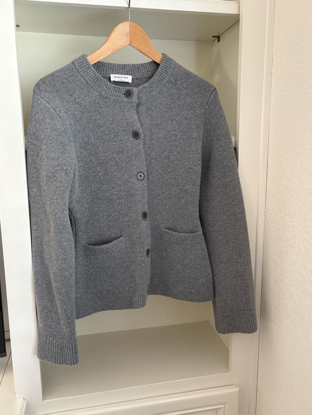 Babaton Gray wool cardigan signature front pockets, hourglass silhouette small